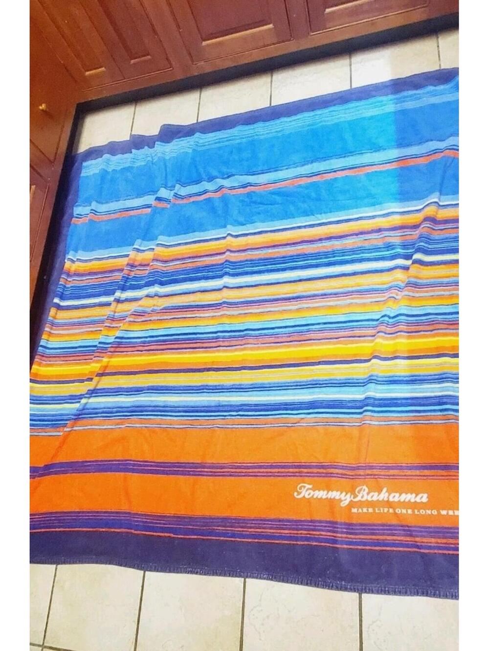 Tommy Bahama Outdoor Picnic Beach Blanket 66in x65in Orange Blue Vibrant Stripes